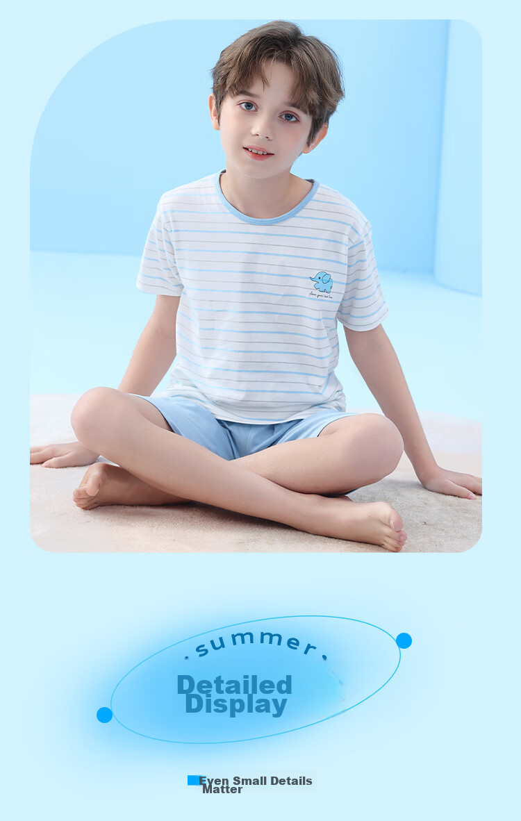 LangSha Children's Pajamas for Boys, Summer Thin Style, Youth Short-Sleeve Shorts, Student Pure Cotton Home Wear Set, Size 130 15