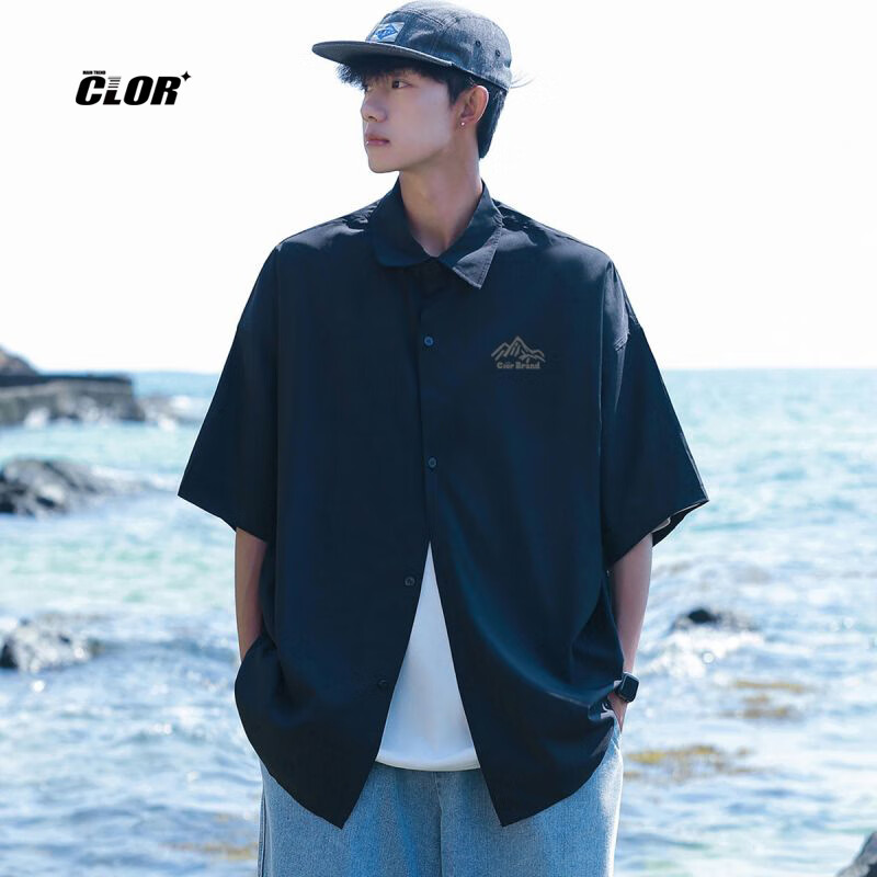 CLOR Short-Sleeve Shirt for Men, Summer Cardigan Jacket, Trendy Printed Loose-Fit Lightweight Breathable Top, CS02 Black, Size L