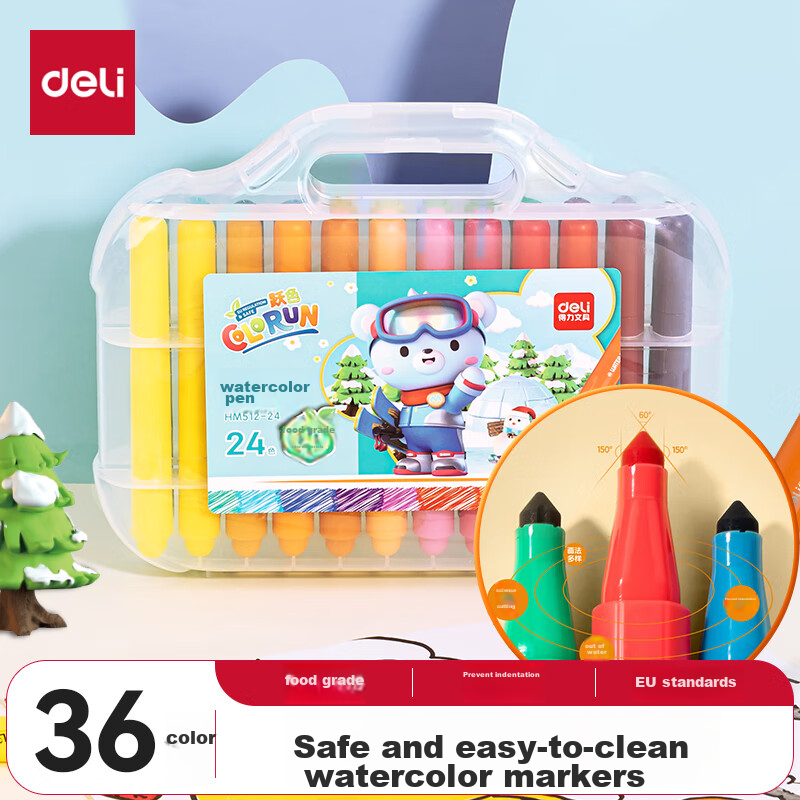 Deli 36 Colors, Anti-Shrinkage, Easy to Wash, Safe Little Doctor, Thick Round Handle, Easy-Grip Watercolor Pens, Children's Doodle Exam Drawing HM512-36 Watercolor Pens, Graduation Gift for Boys And Girls
