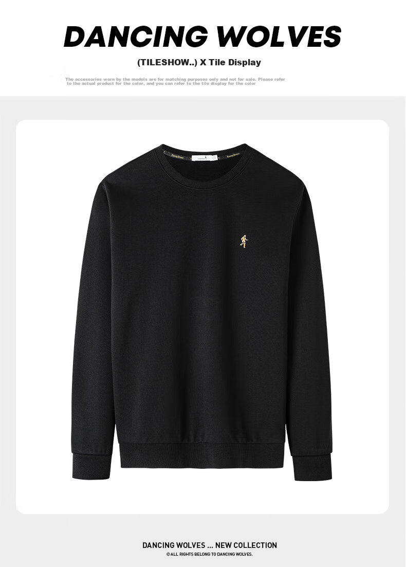 DANCING WOLVES [Kaomian Soft] Simple Embroidery Versatile Casual Pullover Long-Sleeve Men's Sweatshirt, 001 Black, Size 185 8