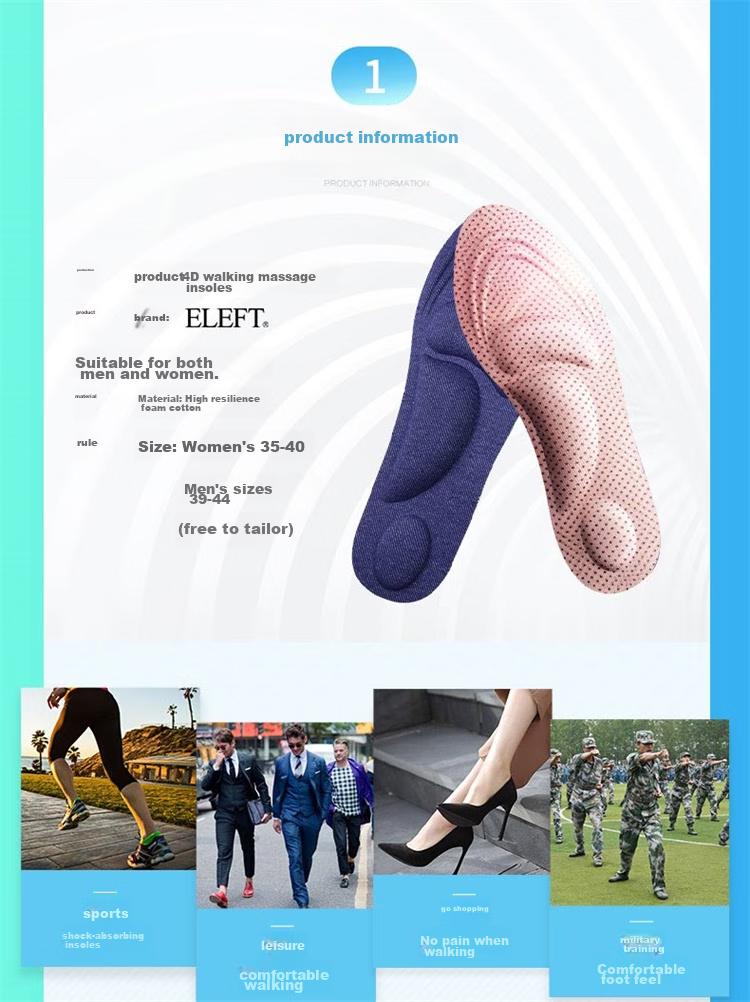 Eleft 4D Sponge Support Walking Shoe Insoles, Breathable, Sweat-Absorbing, Massage, Women's Style 3