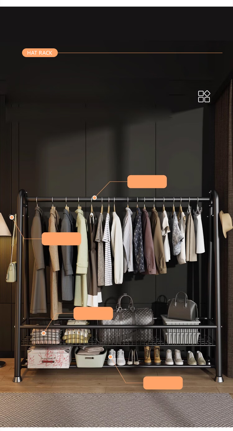 Huakaizhixing Clothes Drying Rack, Floor-Standing Coat Rack, Bedroom Clothes Hanger, Thickened Clothes Rack, YJ102 Double-Layer, Heightened 1.5 Meters, Black 6