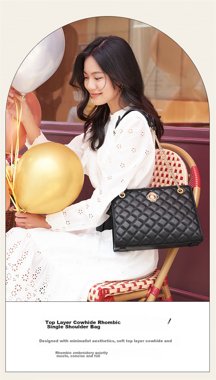 HONGU Women's Handbag, Simple Casual Fashion Diamond Pattern Shoulder Bag, Top-Grain Leather Crossbody Bag, Birthday Gift for Girlfriend 3