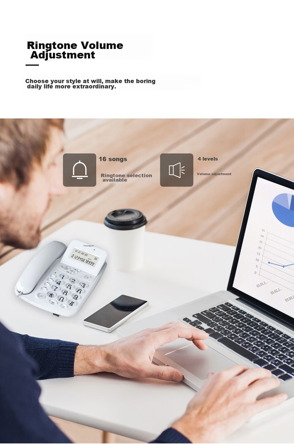 Yijiatong Landline Telephone, Fixed-Line Phone for Office And Home Use, Caller ID, Battery-Free, Flip Screen, T17B, Pearl White 11