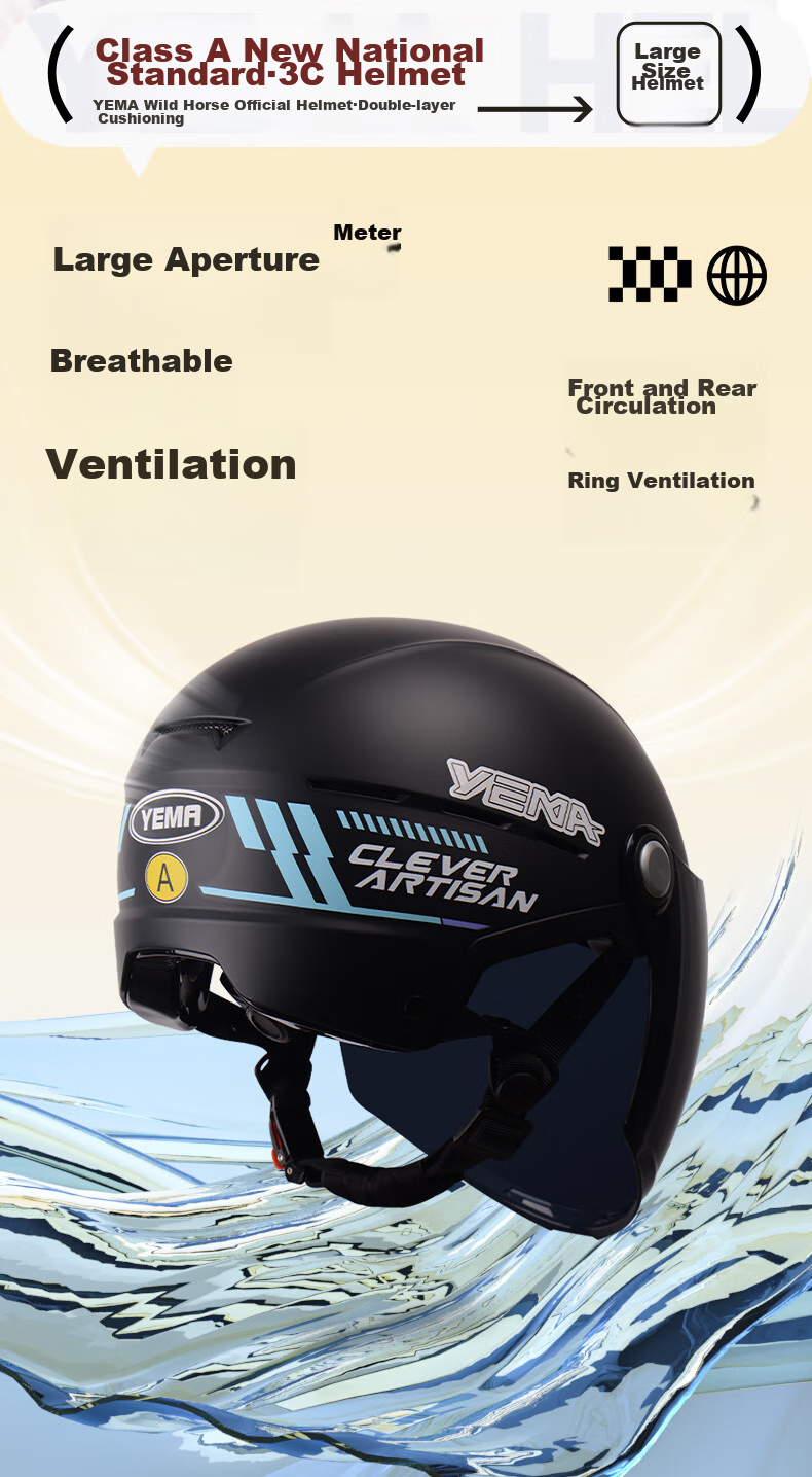 YEMA 3c Certified New National Standard Class A 365S Electric Scooter Helmet, Summer Half-Helmet for Men And Women, Large Size for Big Head Circumference, Motorcycle Safety Helmet, Khaki with Transparent Long Visor 9