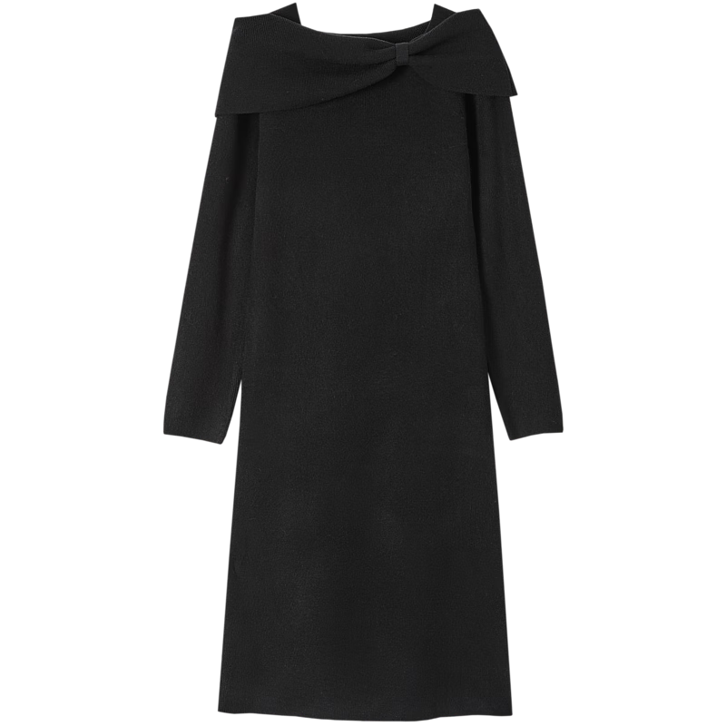 DME French Style Intellectual Lady Butterfly One-Shoulder Knitted Midi Dress for Autumn and Winter