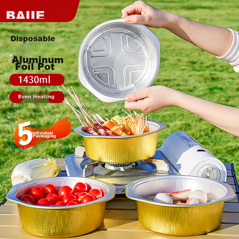BJ Aluminum Foil Pot, Disposable Hot Pot Set, Takeout Packaging Box, Round Outdoor Barbecue, Heatable, 1430ml, 5 Pieces