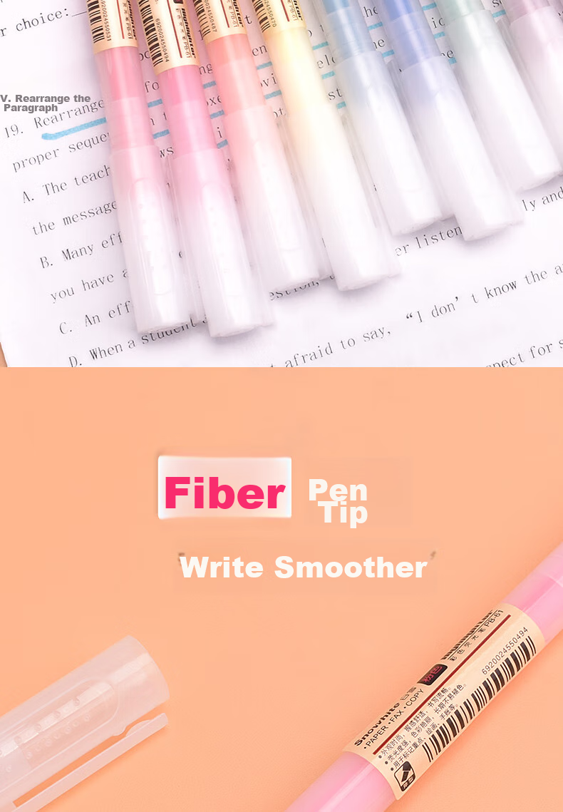 Snowhite Highlighter Set, 6 Colors, Axe-Shaped Tip, Light Pastel Color, Highlighting Pen, Journal And Drawing Marker, 6 Pens/pack, Six Ink Colors, PB-61 Bagged OPP 4