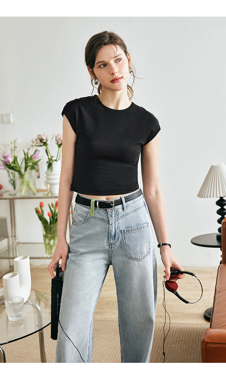 Olrain Cool Small Cap Sleeve Slim Fit Short Sleeve T-Shirt Summer Women's Short Top High Elastic Inner Wear Black S 18