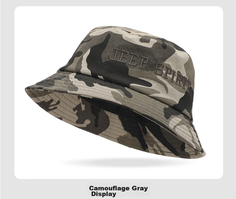 JEEP Men's Fashionable Versatile Trendy Fisherman Hat, Foldable, Suitable for Couples, Fishing Hat, Sports Cycling Outdoor Hat A0243 Camouflage Gray Adjustable Size 14