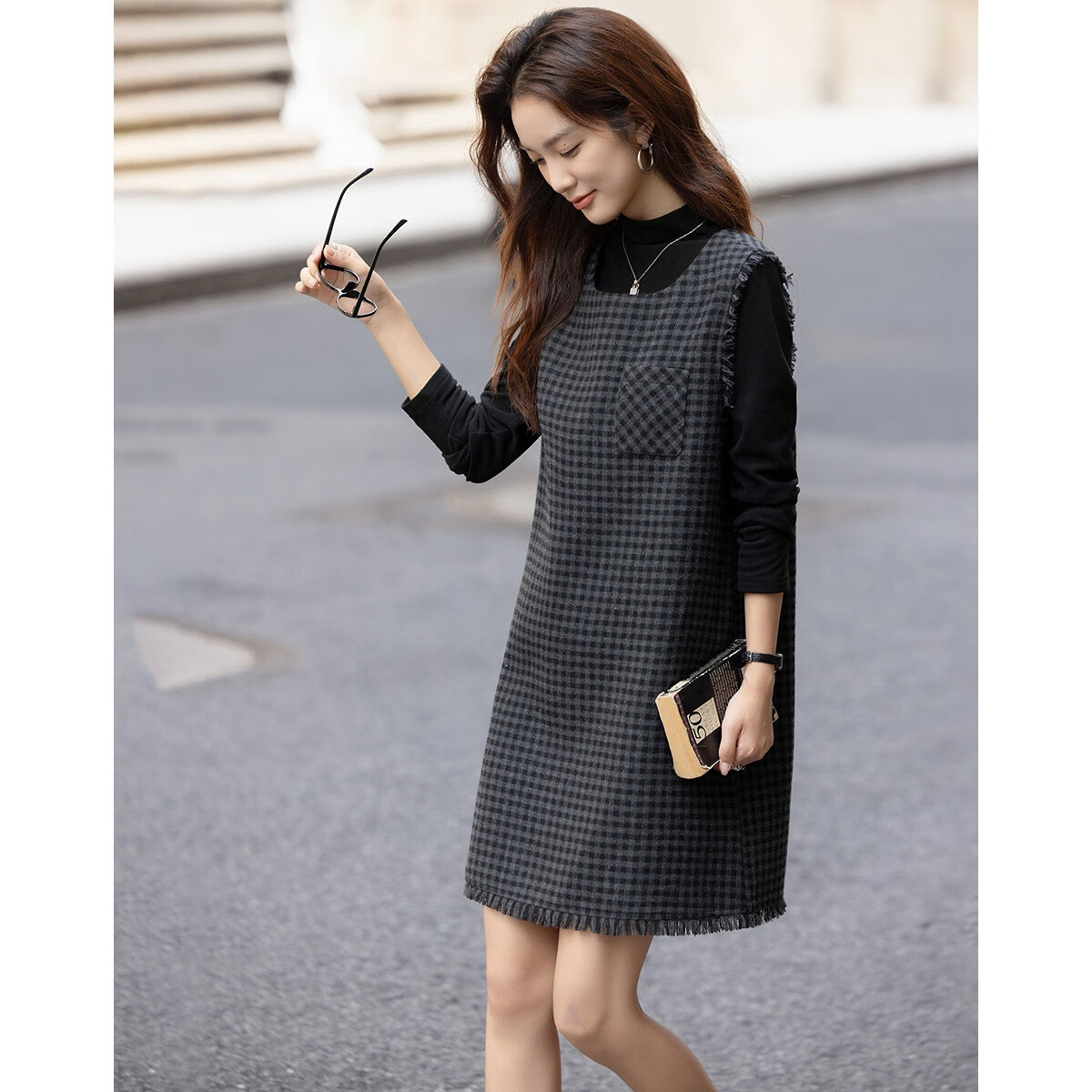 Demana [Elegant Quiet Set] Winter Wool Blend Plaid Tassel Pocket Straight Cut Women's Vest Dress Two-Piece Set