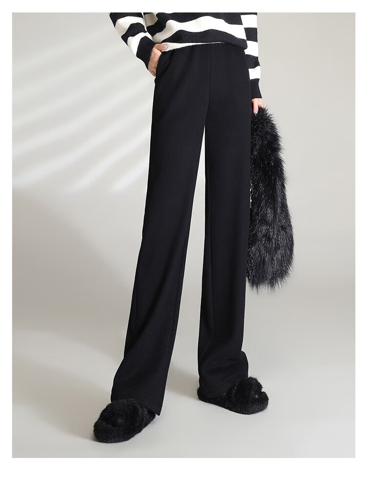LOUISYAO Women's Winter Simple Solid Color High-Waist Fleece-Lined Thickened Straight-Leg Casual Pants Black 1 M 16