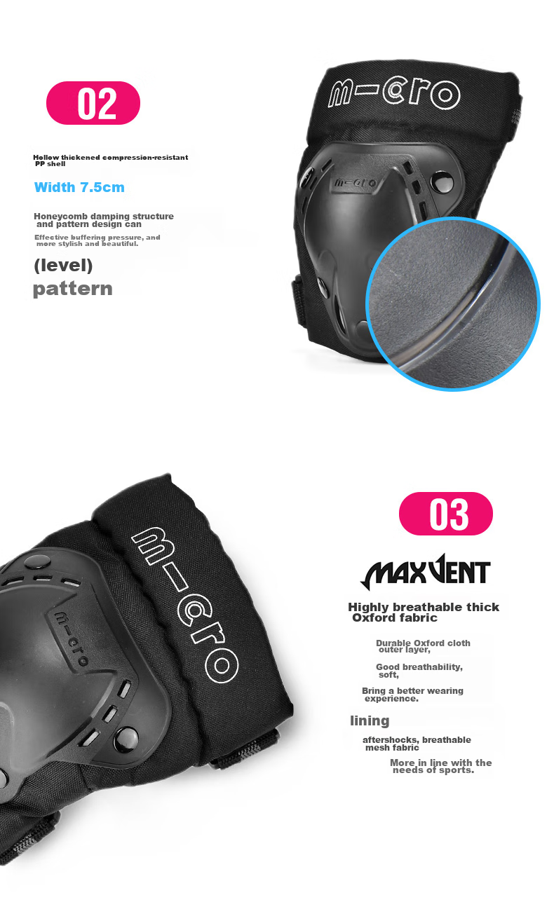 Micro Migu Roller Skating Protective Gear Skateboard Balance Bike M-Cro Thickened Anti-Fall Hand Elbow Knee Pads MPA Black Size L 3