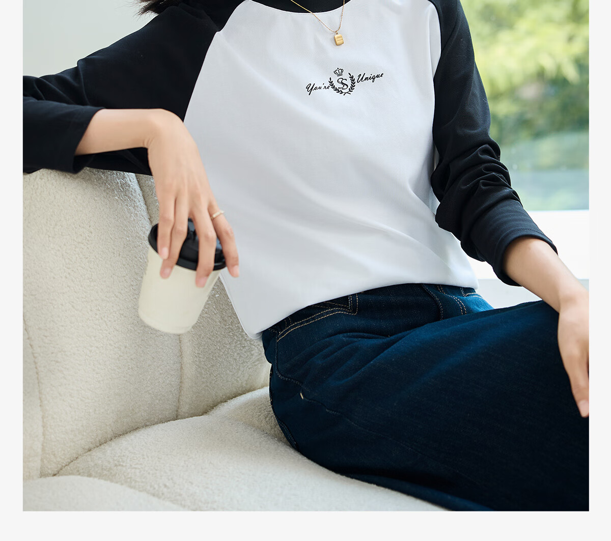 Chushen Spring And Autumn Long-Sleeve T-Shirt for Women, Wilderness Maillard Round Neck Contrasting Color Splicing Simple Loose Base Shirt S143T2022 21
