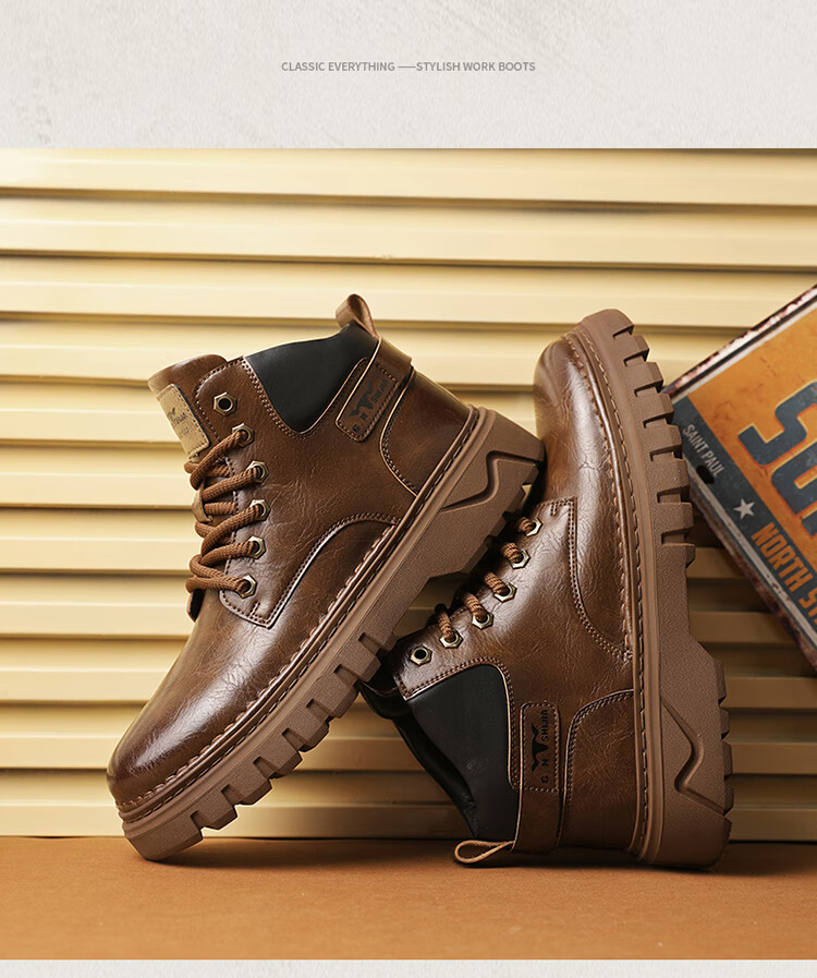 Bull Family Autumn Winter New Martin Boots Men's Outdoor Trendy Work Boots Versatile Retro Mid-High Lace-Up Boots for Men 15