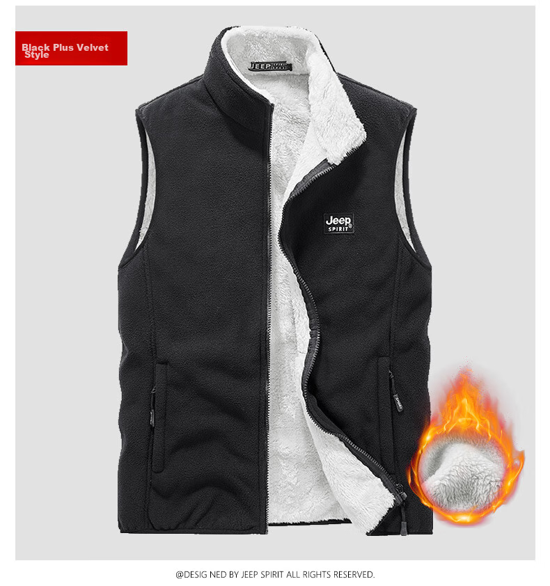 JEEP SPIRIT Men's Fleece Vest, Spring And Autumn Stand-Up Collar Sleeveless Tank Top, Men's Outerwear Jacket, Black, 3XL 10