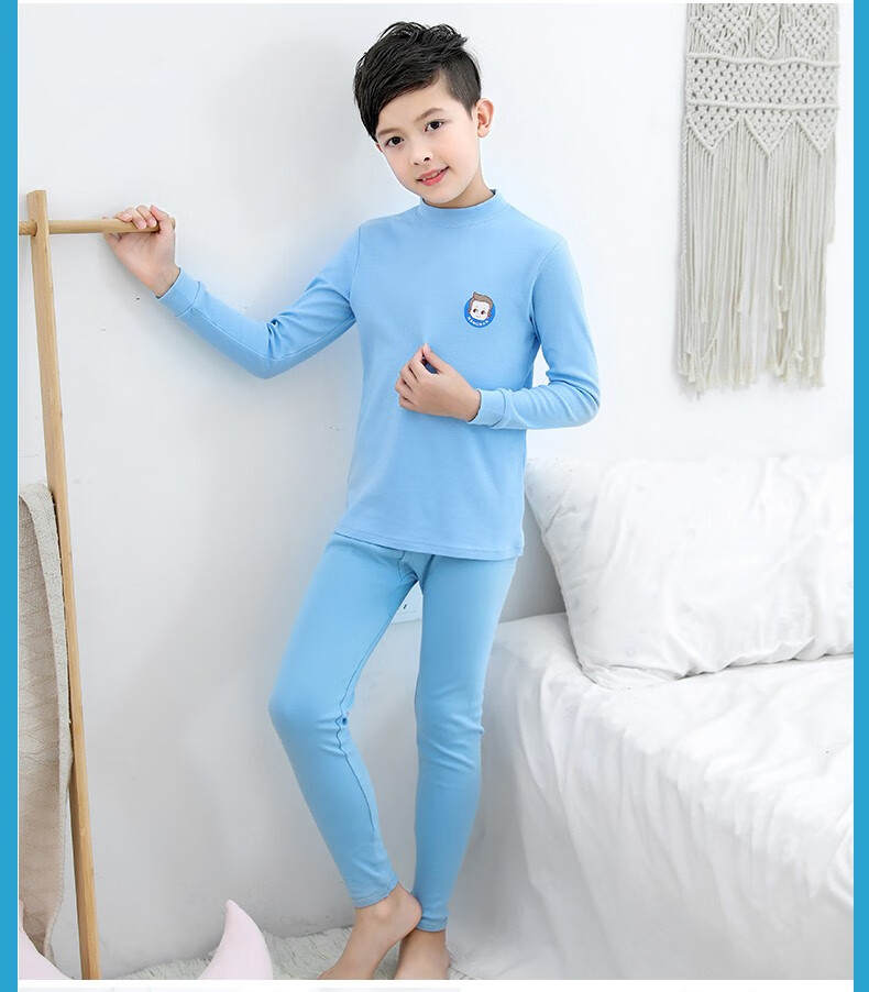 Hengyuanxiang Boys' Children's Underwear Set Youth Pure Cotton Mid-Neck Autumn Shirt and Pants Sleepwear for Boys and Students 34