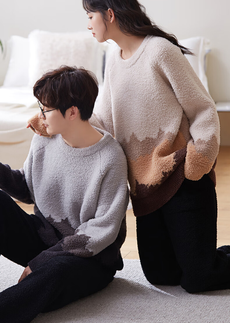 Shaqian Couple's Pajamas, Autumn And Winter Half-Fleece Women's Style, Thickened Warm Coral Fleece Men's Casual Home Wear Set 8