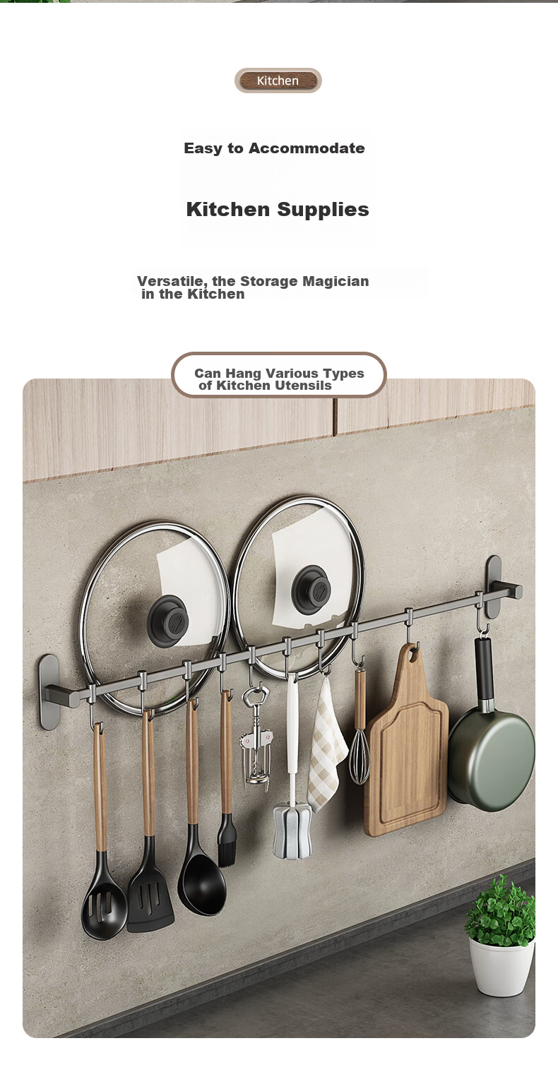 YOUQIN Kitchen Storage Rack Hooks, Wall-Mounted without Drilling, Multifunctional Hook Organizer, Pot Lid Rack, Stainless Steel Hanging Rod, Gunmetal Gray, 50cm 5