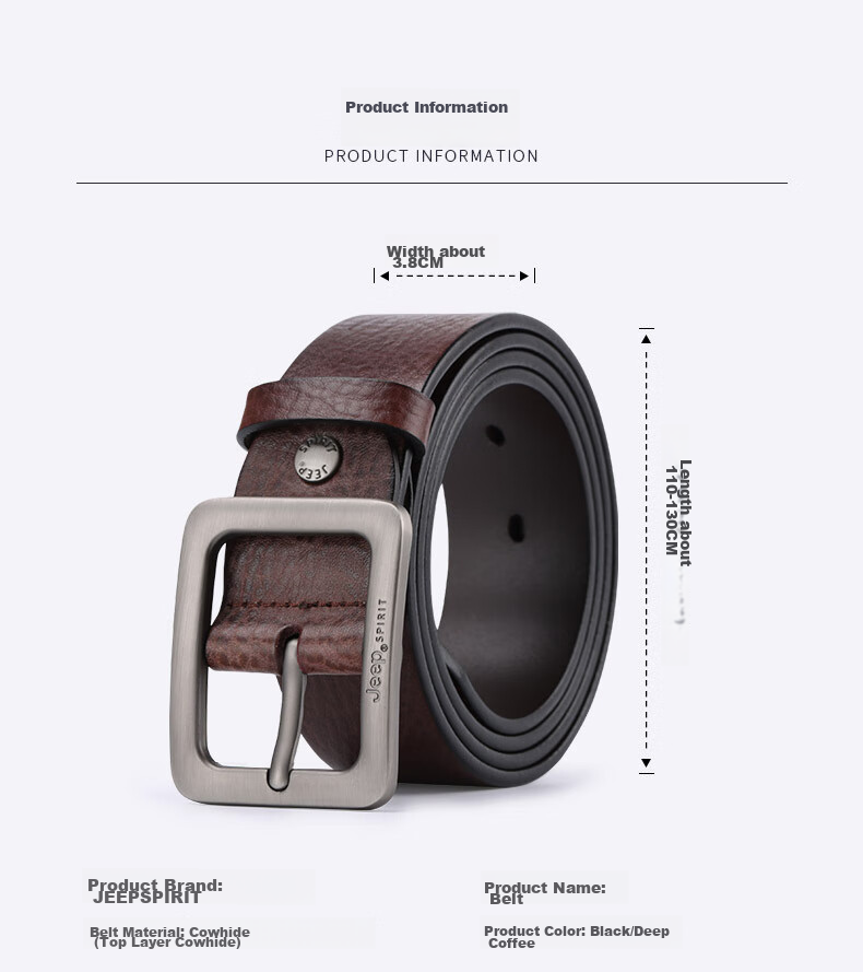JEEP SPIRIT Men's Belt with Pin Buckle, Top-Grain Leather, Casual Business Trouser Belt, Birthday And Father's Day Gift for Young And Middle-Aged Me 12
