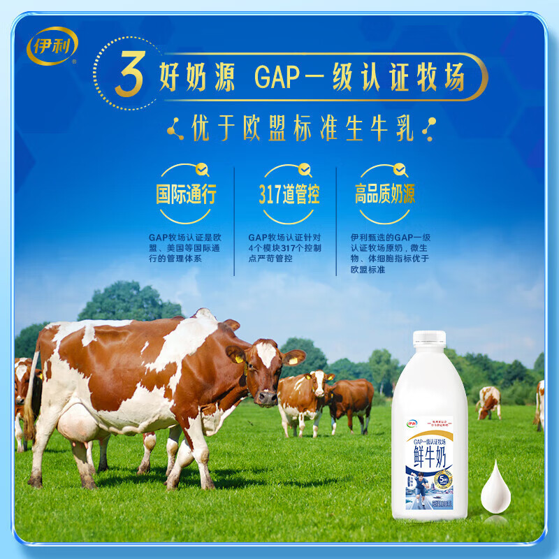 伊利高品质全脂鲜牛奶1.5L桶装鲜活营养早餐巴氏杀菌低温牛乳
