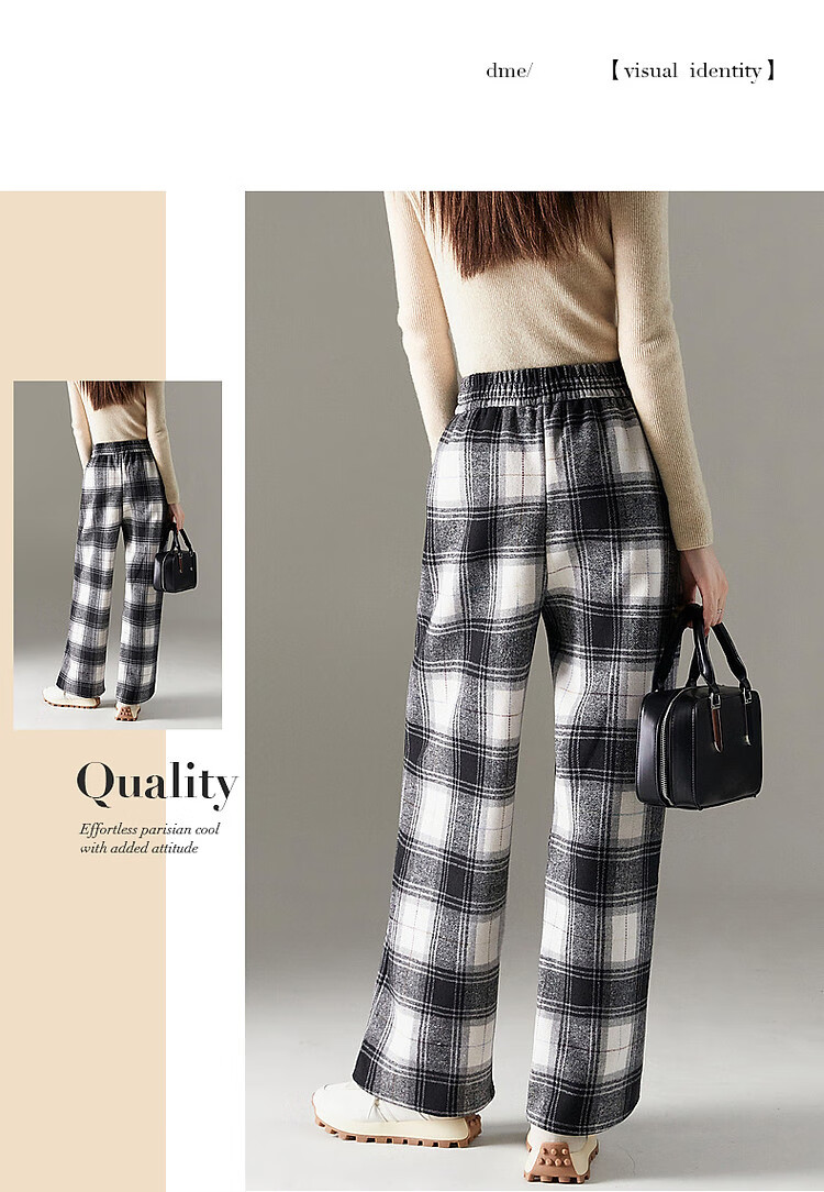 Demana [Fashion Plaid] Winter Little Chanel Style Elastic Waist Wide Leg Pants Fleece Lined Slightly Stretchy Casual Trousers for Women 9