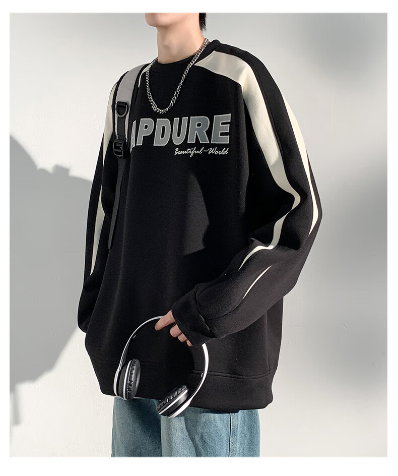 Dingfengbaoluo American-Style Sweatshirt for Men, Spring Vintage Long-Sleeve T-Shirt, Trendy Color-Block Patchwork, Loose Round Neck, DFL02 Black M 6