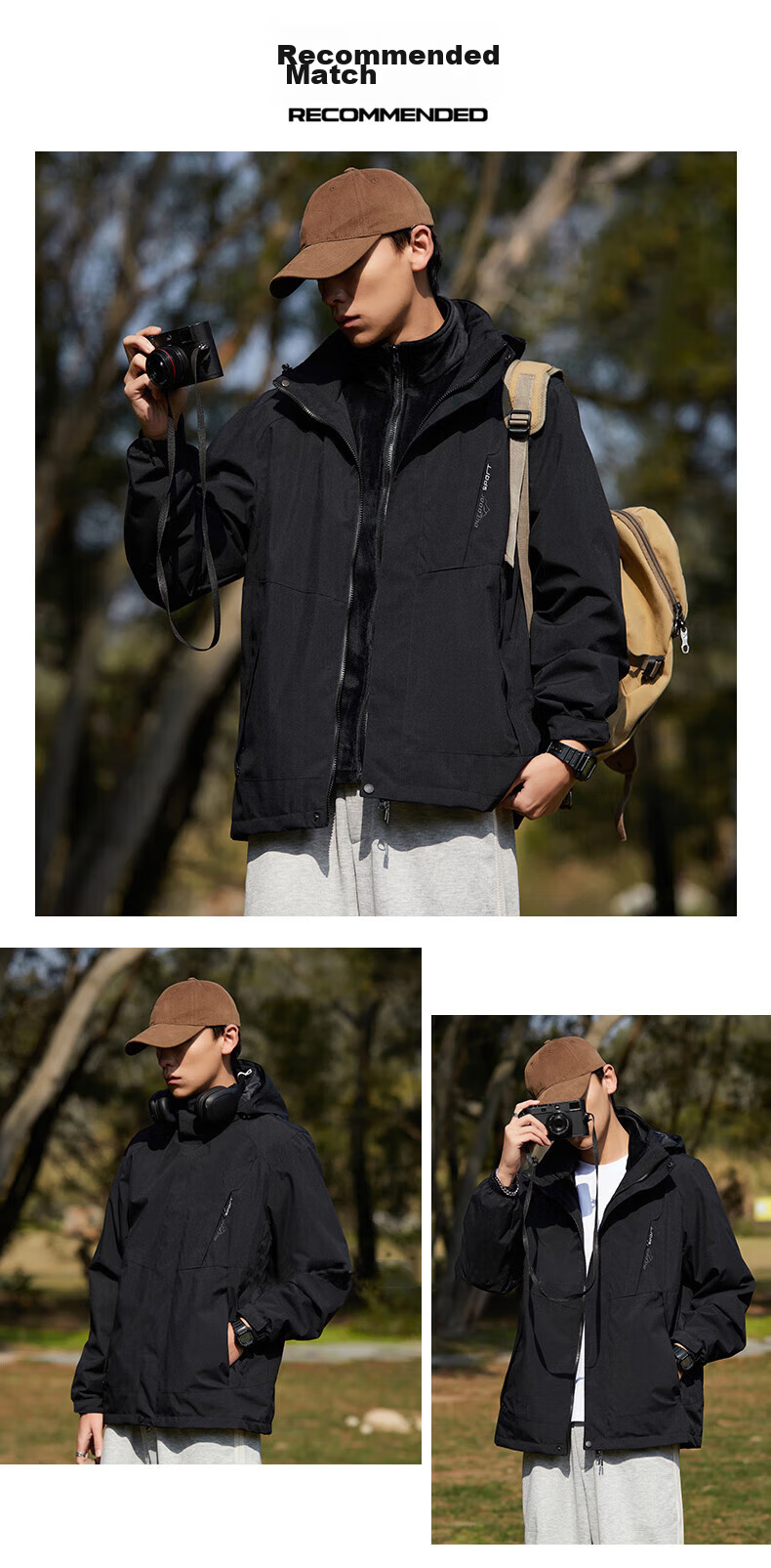 Huili Men's And Women's 3-In Outdoor Windproof Waterproof Mountaineering Jacket, Fleece-Lined Detachable Coat, Black 23