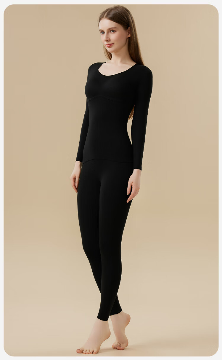 MiiOW Women's Thermal Underwear Set with Chest Pad, Fleece-Lined, Thickened, Seamless Black Autumn Top and Bottom, Size 2XL 15