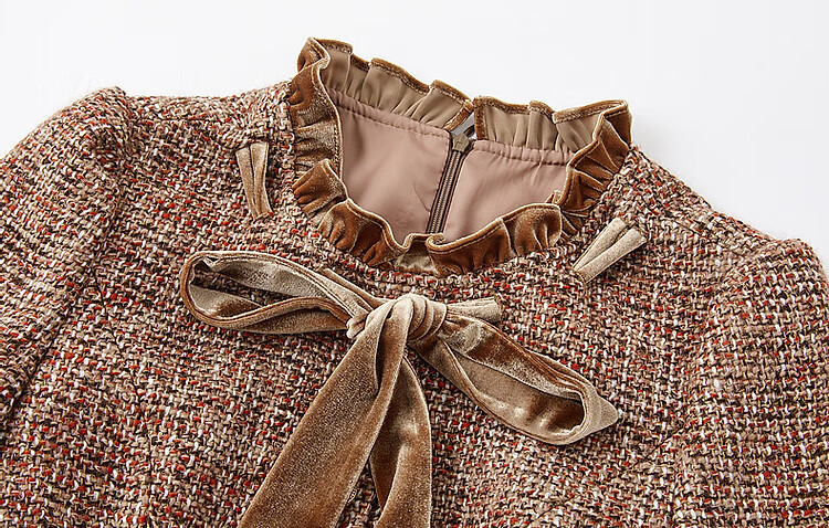DME Winter Elegant Little Chanel Style Wool Blend Faux Two-Piece Ribbon Collar Ruffle Edge Dress Brown Red XL 6