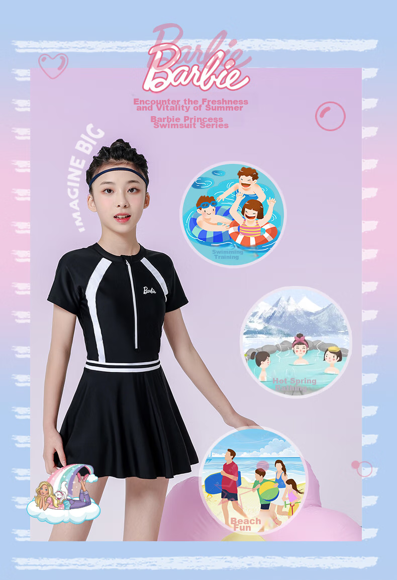 Barbie Children's Sun Protection Swimsuit One-Piece Dress for Older Girls, Conservative Swimwear for Elementary, Middle And High School Training for Young Wome 3