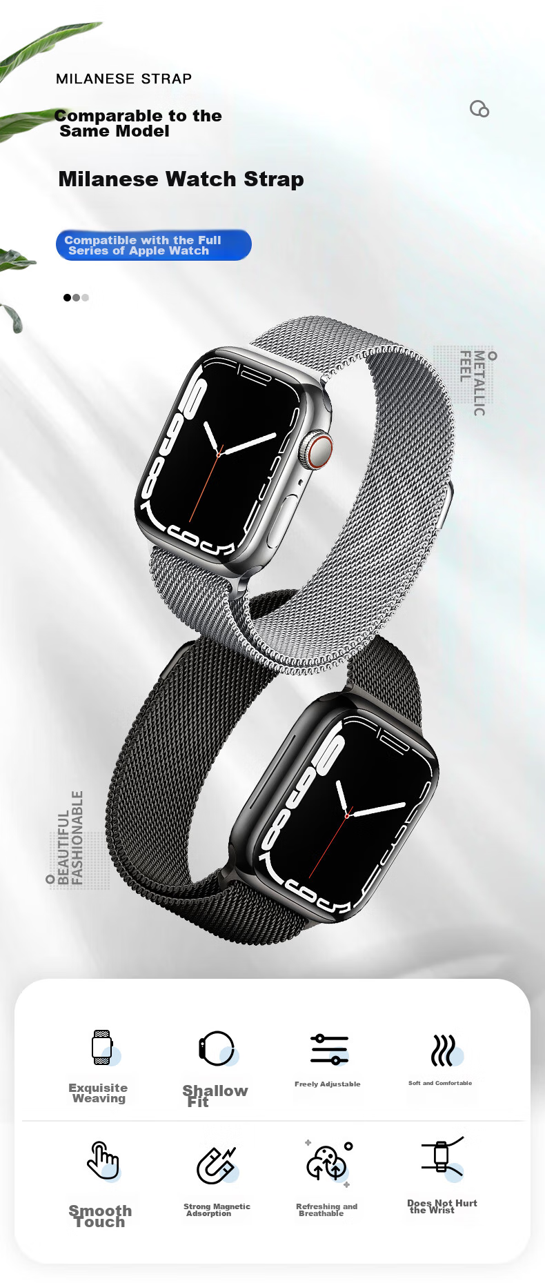 Weiqiantu [Milanese] Compatible with Apple Watch S12/S11 Strap, Apple IWatch S12/S11/10 SE3/Ultra4/3/2 Strap, Magnetic, for Men And Women, 9/8 Models 1