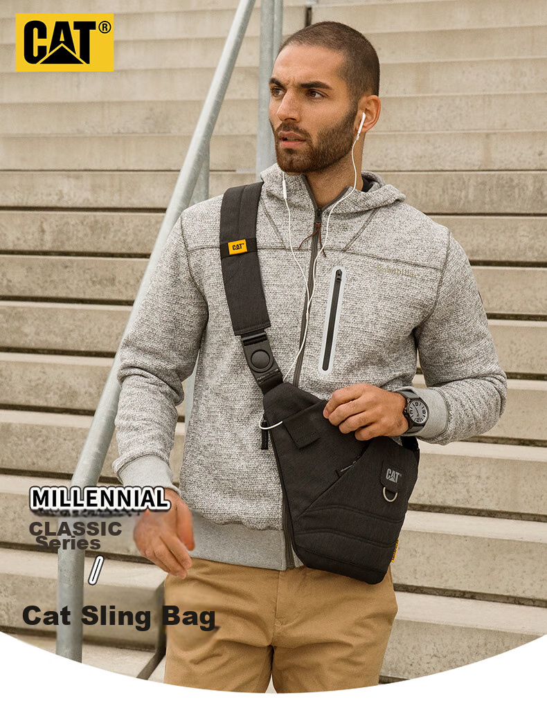 CAT Crossbody Bag, Trendy Chest Bag, Gun Bag, Casual Motorcycle Bag, Close-Fitting Shoulder Bag for Men, Water-Resistant Sports Bag, Black with Dark Pattern, 84060 2