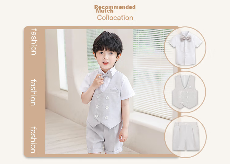 LUOBOBEIBEI Boys' Suit Summer Short-Sleeve Children's Vest Set for Children's Day Performance, Light Gray Four-Piece Set, Size 150 3