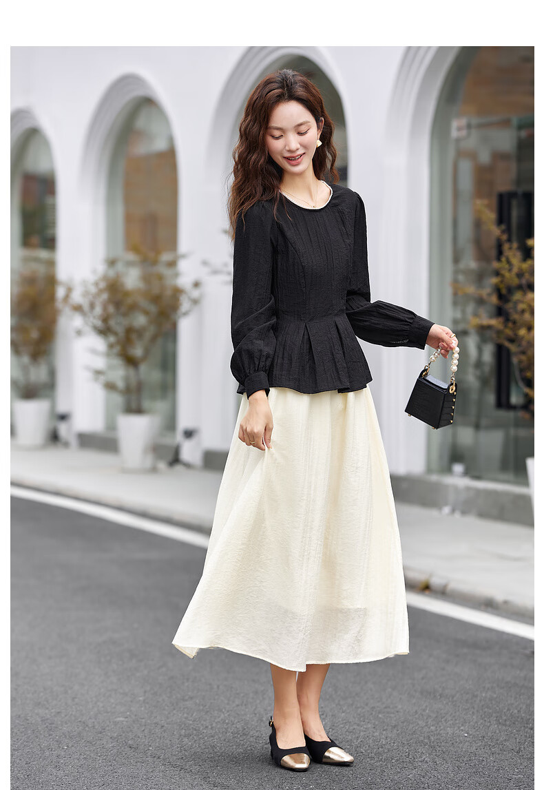 Fansiman Elegant Women's Autumn Set New Round Neck Top Waist Slimming Skirt Two-Piece Set Red Apricot Color S 7