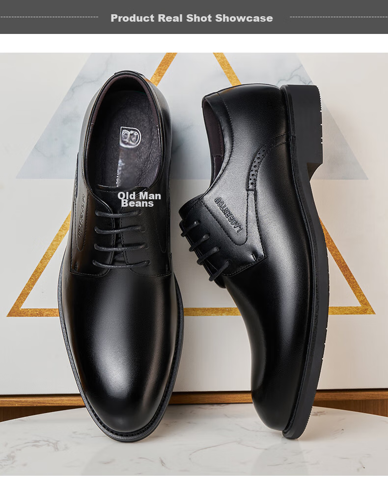 LAORENTOU Men's Leather Shoes, Business Formal Shoes, Top-Grain Leather, Breathable, Wear-Resistant, Non-Slip, Dad Shoes, 160208 Black, Size 38 12