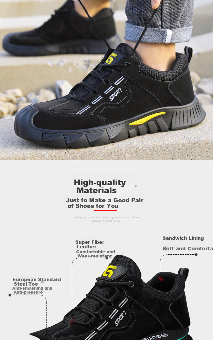 JUNBU Safety Shoes for Men with Steel Toe Cap, Anti-Smashing, Anti-Puncture, Lightweight, Comfortable, Wear-Resistant Construction Site Safety Work Shoes 0266BK Size 38 5
