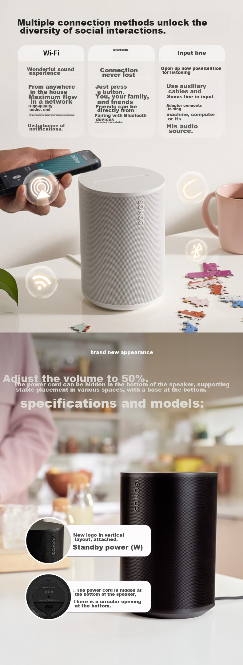 SONOS Era100 WIFI Wireless Bluetooth Speaker, Surround Combinable, Home Theater, Mini Sound System, One Upgraded Version, Home Desktop Living Room, White 4