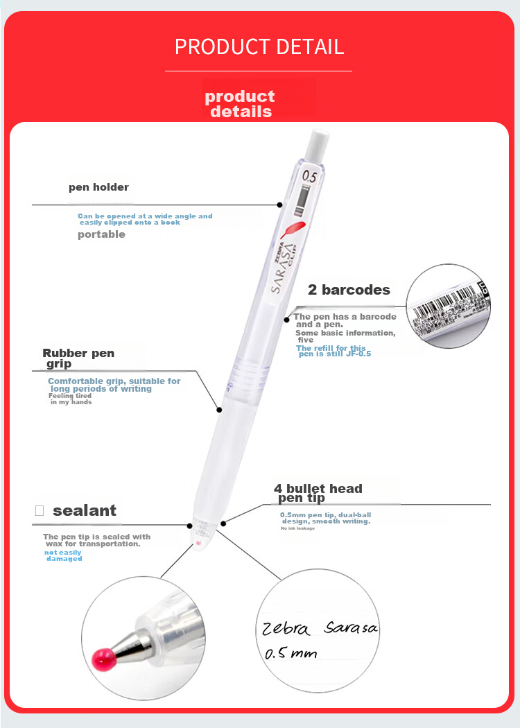ZEBRA JJ99 Red Feather Retractable Gel Pen, 0.5mm Bullet Tip Signing Pen, Student Note-Taking Exam Practice Pen, Office Use Black Pen, White Barrel with Black Ink, Pack of 10 2