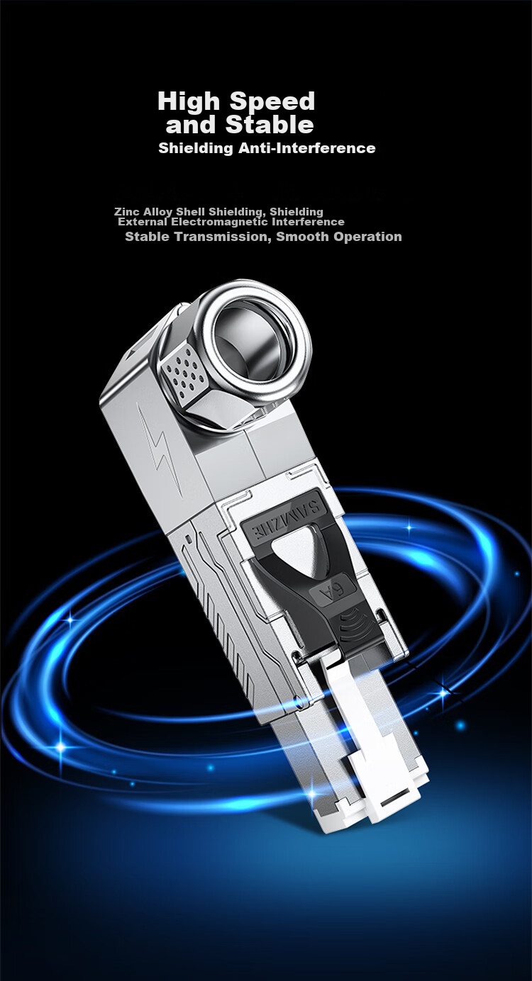 SAMZHE CAT6A 10G Shielded Tool-Free Crystal Head, Engineering-Grade CAT6A Tool-Free RJ45 Network Connector, Right-Angle Elbow CAT6A Network Cable Connector, Single Pack MDC65 12