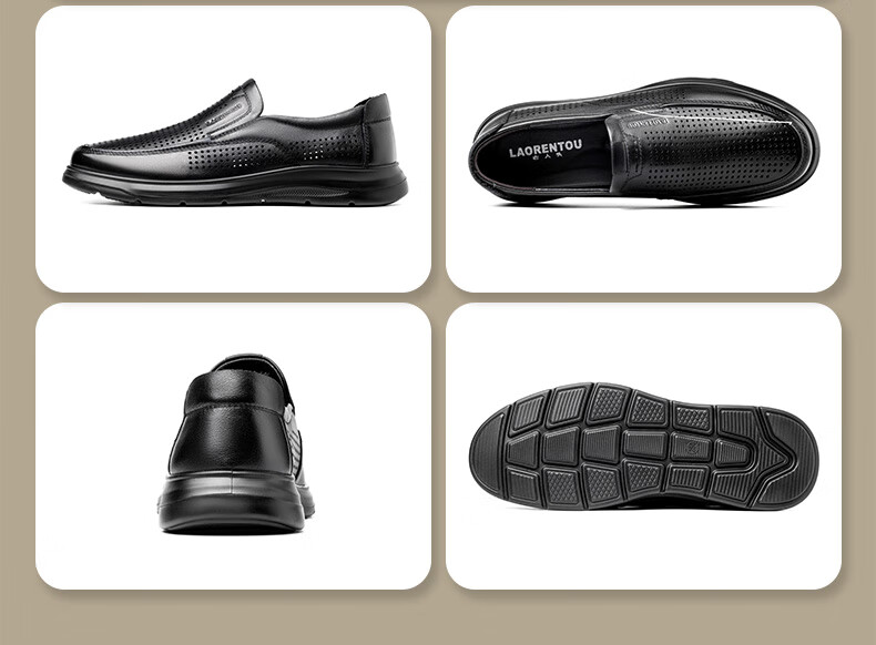 LAORENTOU Leather Shoes for Men, Summer Business Casual Shoes, Sandals, Perforated Shoes, Hollow Breathable Men's Footwear LL77 Black 42 8
