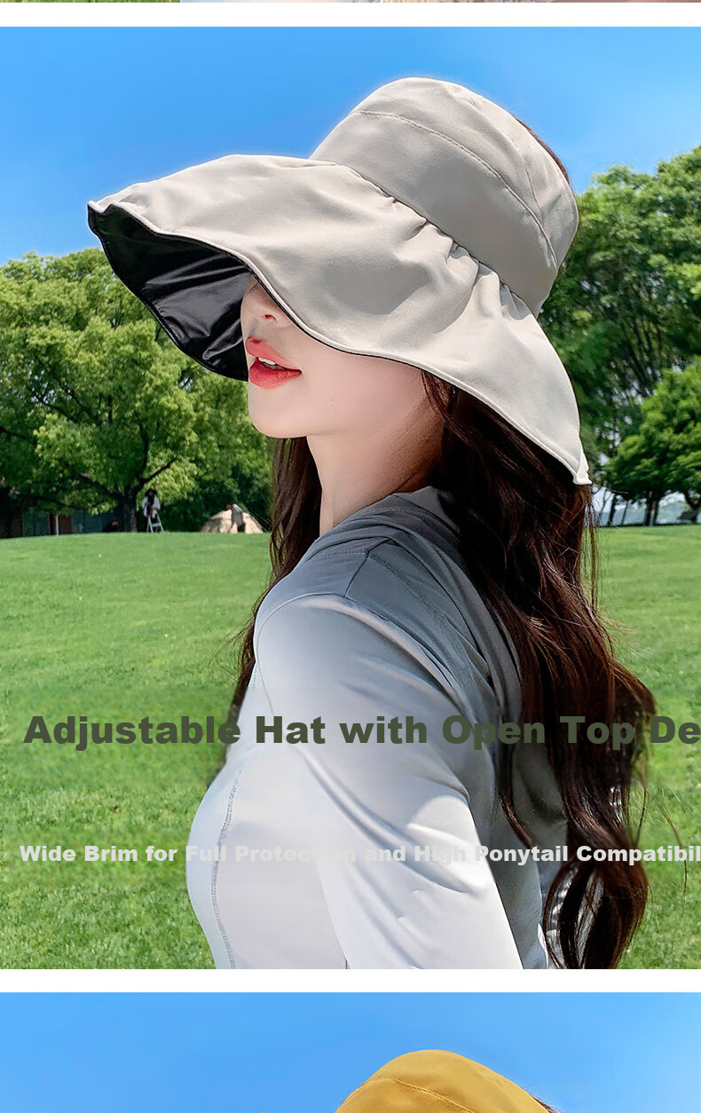 Bejirog Vinyl Sun Protection Hat for Women, Summer UV-Resistant Wide Brim Sun Hat, Open Top Fisherman Hat, Large Head Circumference Minimizing Sun Hat 2