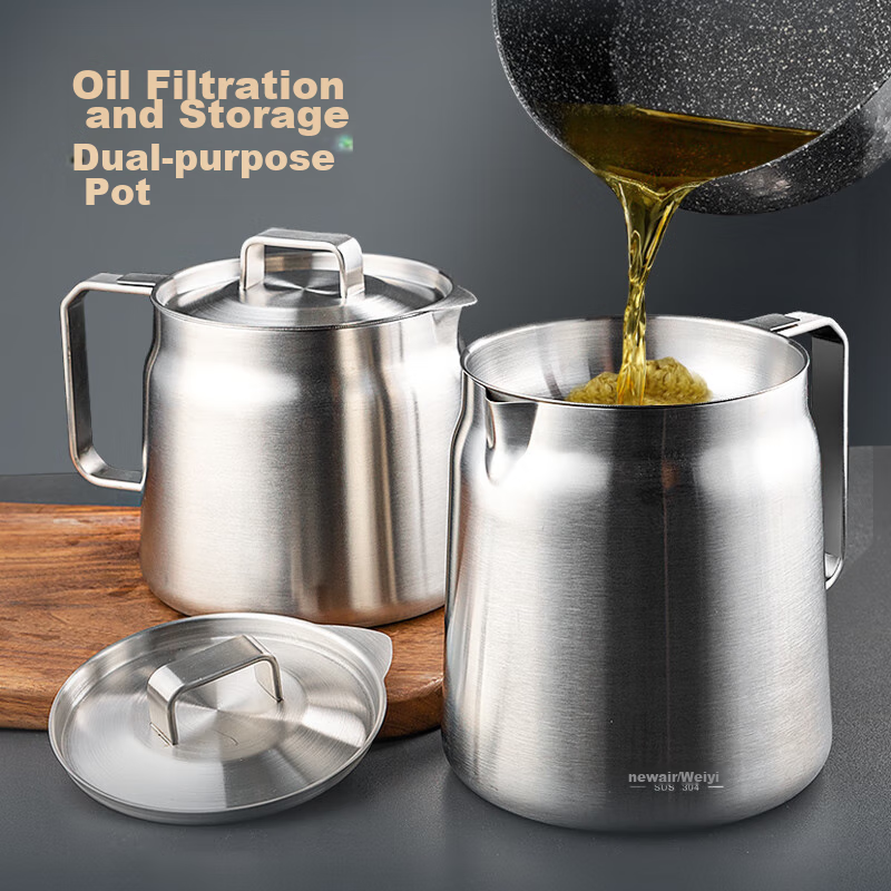 Newair 304 Stainless Steel Oil Strainer Pot, Hot Oil Lard Container with Filter, Oil Storage Pot, Oil Strainer with Lid, Oil Filtration Tool