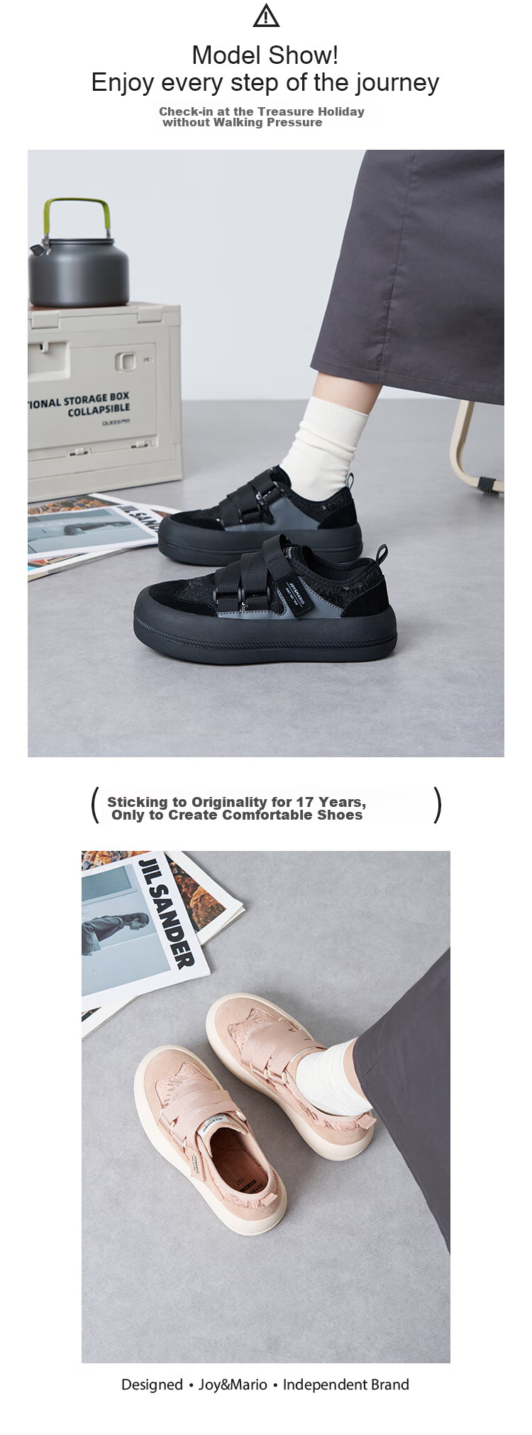 J&M Loafers for Women, Autumn Black, Velcro Thick-Soled Casual Versatile Fashionable Flats, Apricot Color, Size 36 7