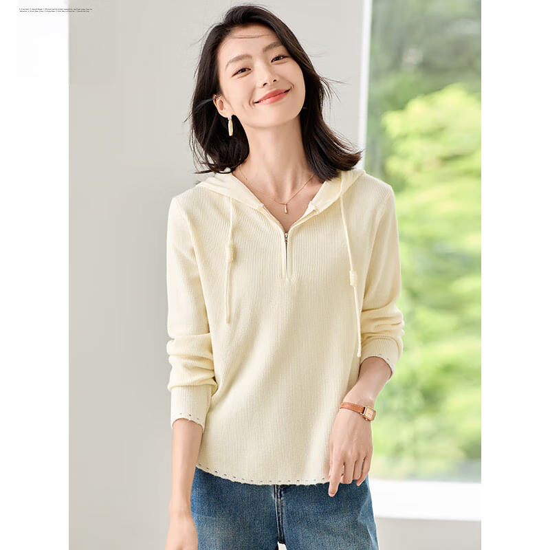 Chushen Women's Hooded Knit Sweater with Drawstring Half-Zip, Fashionable Casual Pullover Top S143Z3012