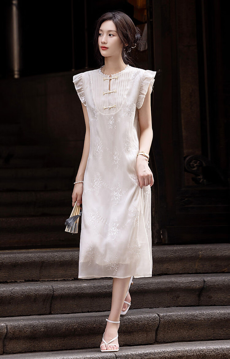 Dme [Yuhu Bingxin] Spring And Autumn Style New Chinese Embroidered Button Closure Water-Soluble Lace Trim Short Flutter Sleeves Dress for Wome 11