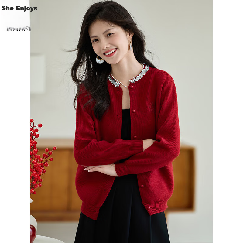 Taxiang Knitted Cardigan for Women, New Year Outfit, Red Sweater Coat with Sequins And Embroidery, Women's Cardigan Top T143Z3012