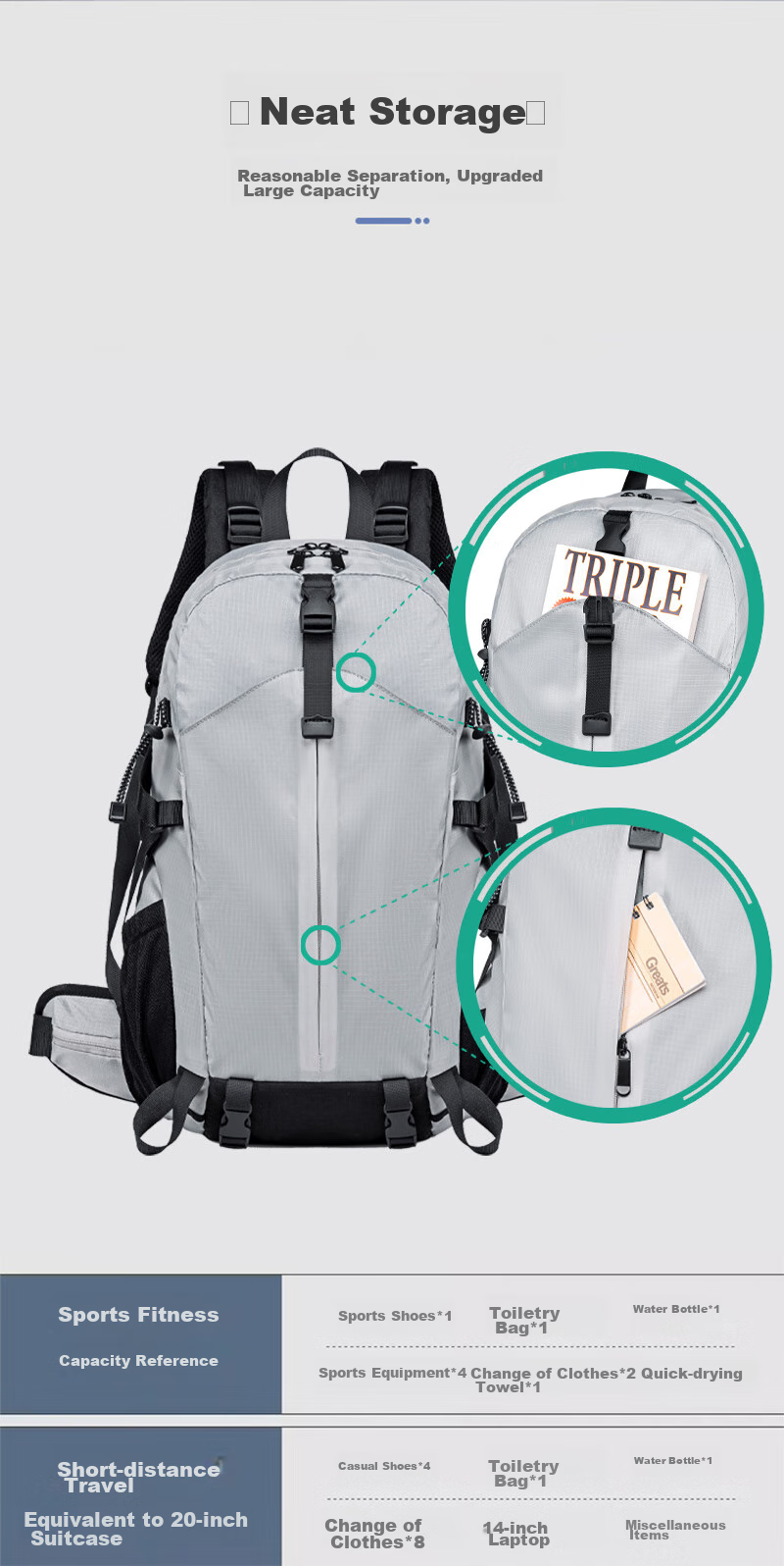 WEWOO Outdoor Hiking Backpack, Lightweight Rucksack, Professional New Model, Large Capacity, Travel Sports Waterproof Nylon, White 15