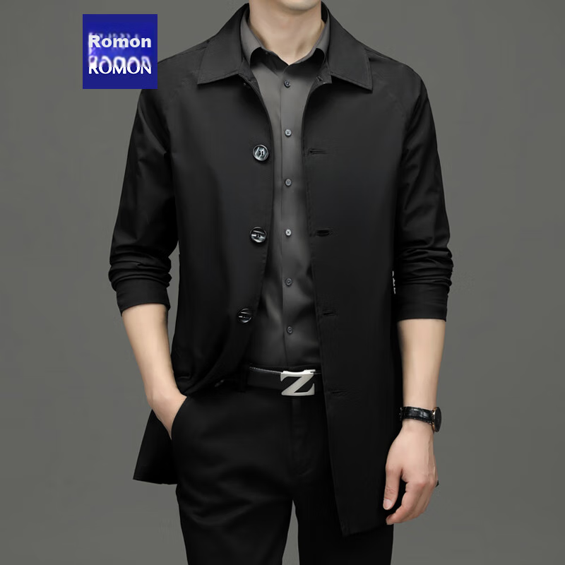 ROMON Men's Trench Coat, Spring And Autumn Business Casual Mid-Length Overcoat, Outerwear Jacket D-2021 Black XL