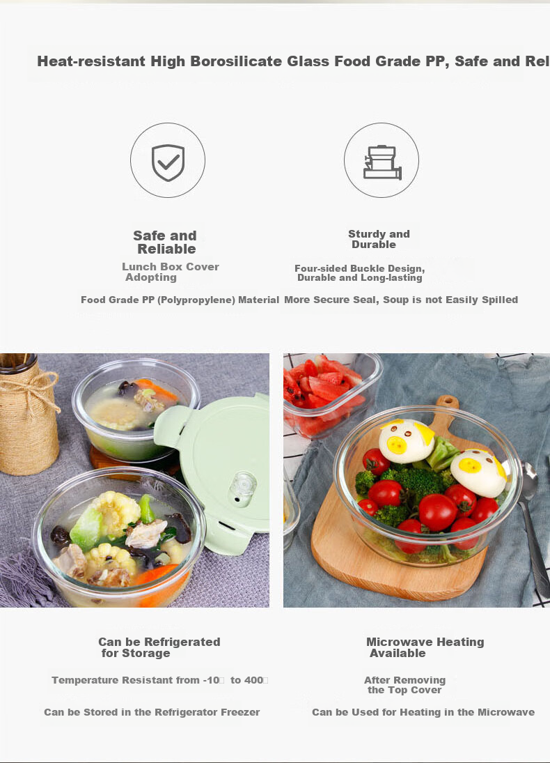 Chuangde Heat-Resistant Glass Food Storage Container, Microwave-Safe Lunch Box for Office Workers, Nordic Green Round 650*2 + Bag + Tableware 2